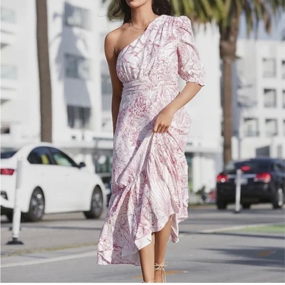 NWT Express Pink Floral Dress Puff Sleeve Asymmetric One Shoulder DRESS XL $108